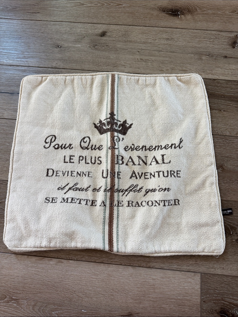 Large Cream French Script Accent Pillow Cover with Brown Stripe